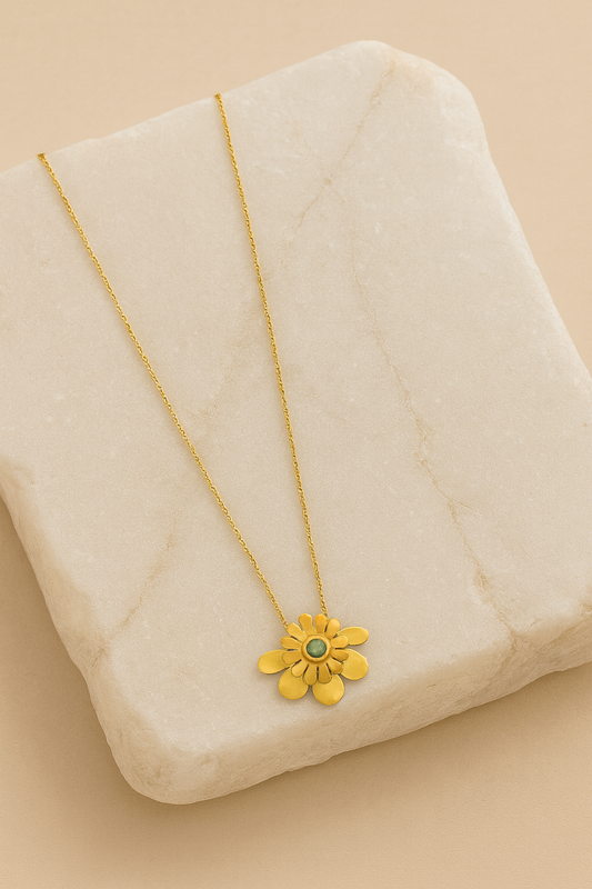 Gold Flower Pendant Necklace with Green Stone – Elegant Floral Jewelry LN10158