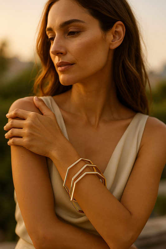 Gold Geometric Bangle Set  Modern Hexagon Stackable Bracelets LB10078