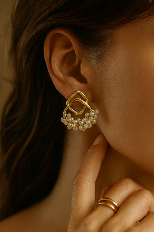 Gold Geometric Pearl Cluster Studs LE10212