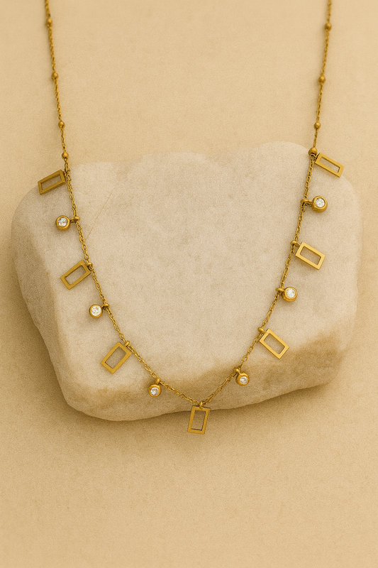 Gold Geometric Rectangle Crystal Charm Necklace LN10208