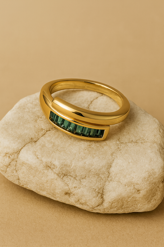 Gold Green Baguette Bar Wrap Ring LR10130