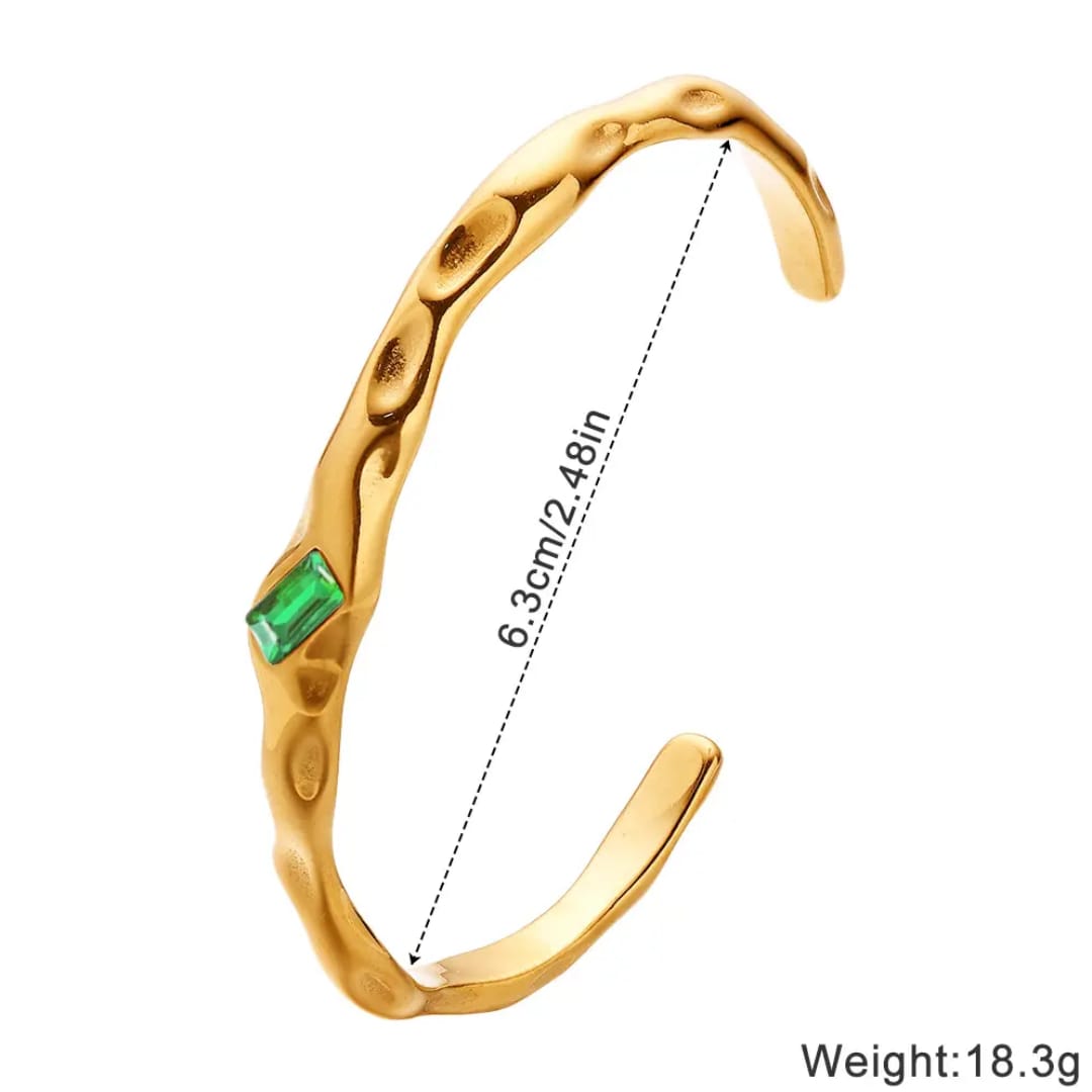 Gold Hammered Open Bangle with Green Gem LB10110