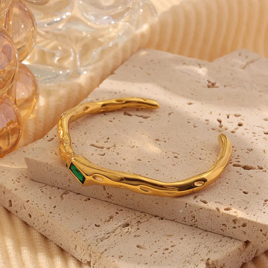 Gold Hammered Open Bangle with Green Gem LB10110