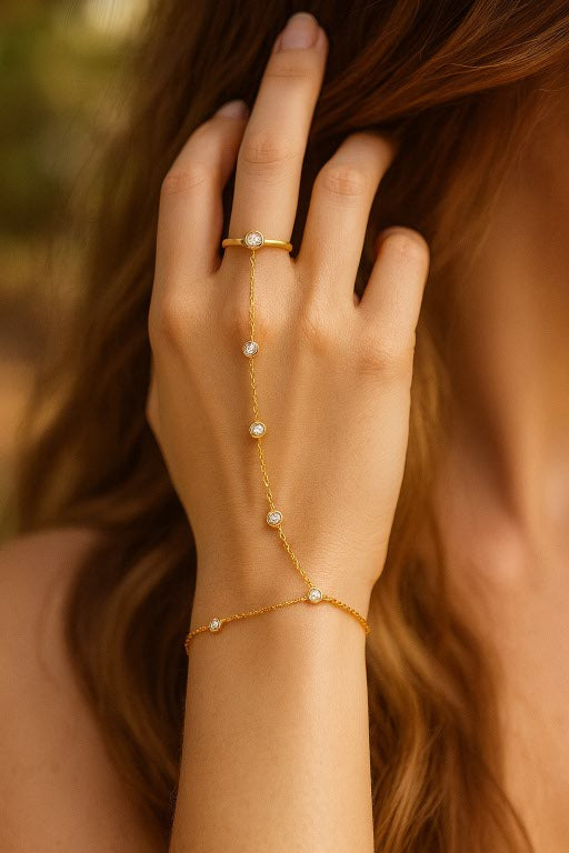 Gold Hand Harness Bracelet with Ring & Crystals – Elegant LB10094