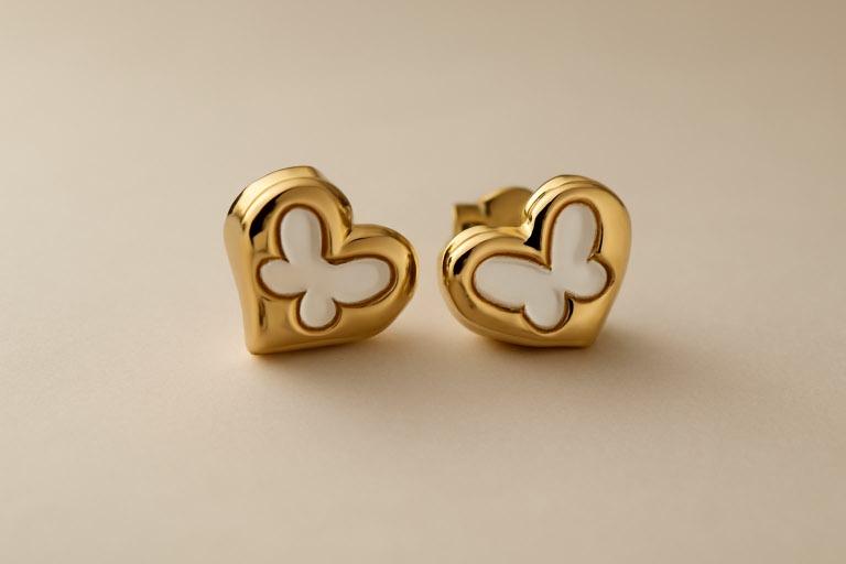 Gold Heart Butterfly Stud Earrings LE10176