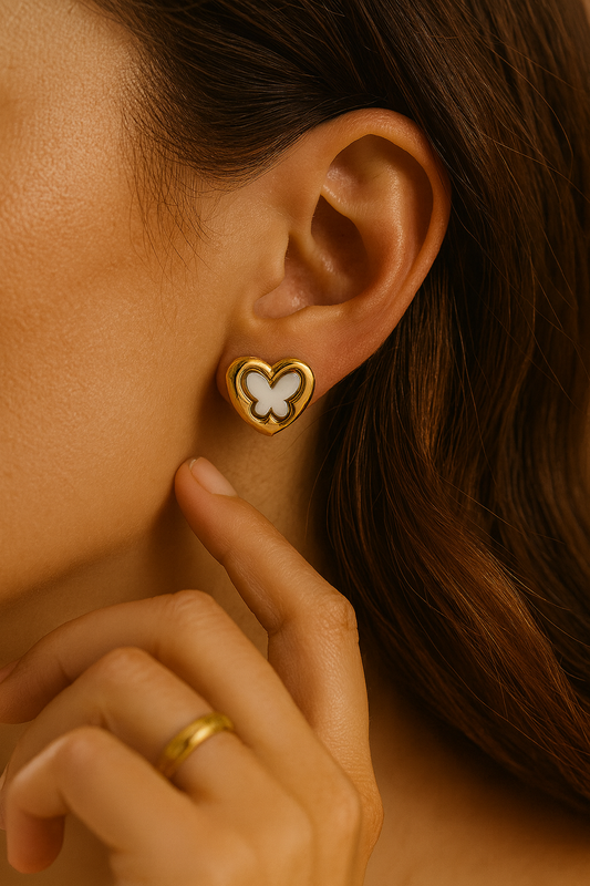 Gold Heart Butterfly Stud Earrings LE10176