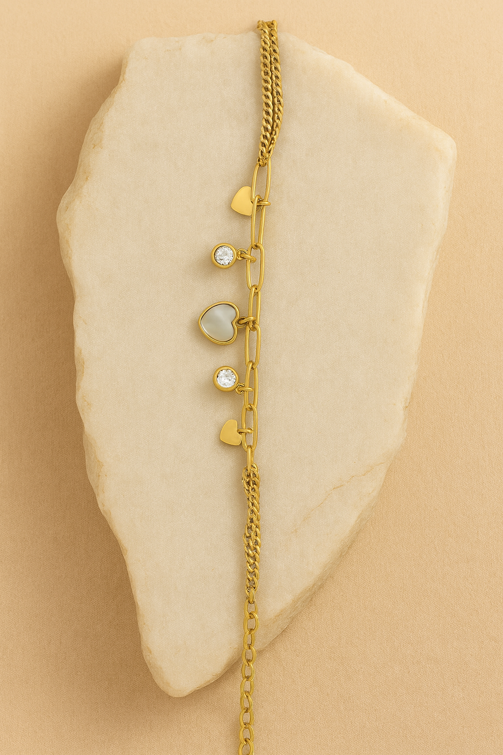 Gold Heart Charm Bracelet – Dual Chain Link Design with Crystal Accents LB10071