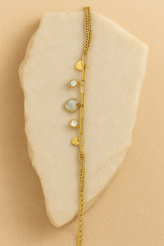 Gold Heart Charm Bracelet – Dual Chain Link Design with Crystal Accents LB10071