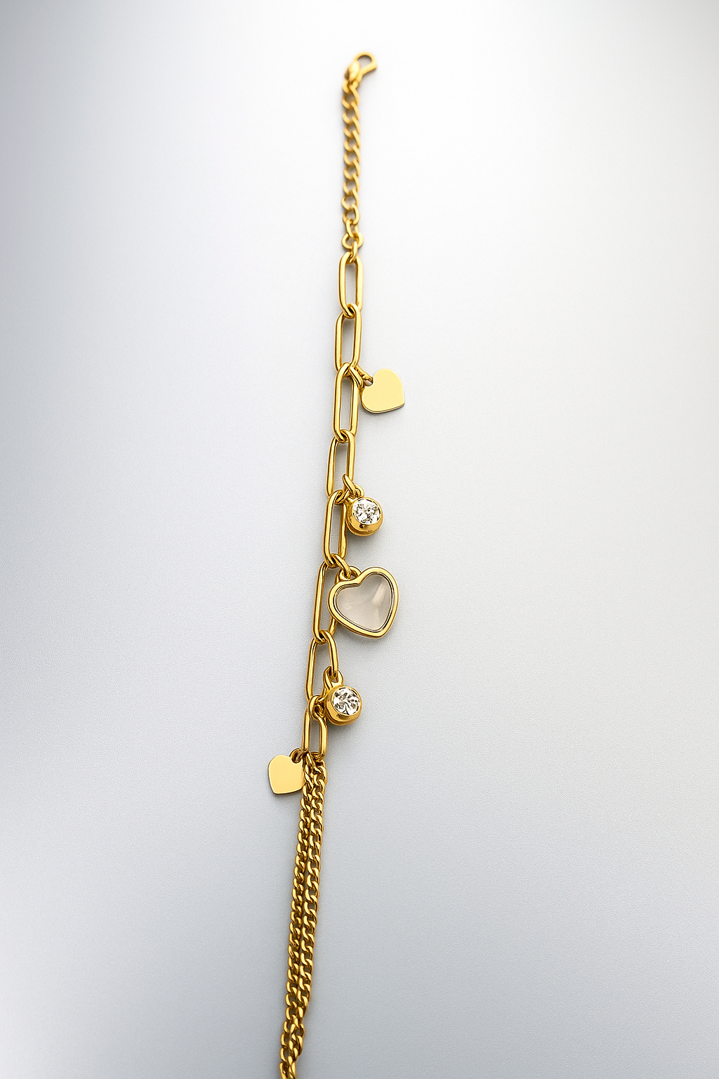 Gold Heart Charm Bracelet – Dual Chain Link Design with Crystal Accents LB10071