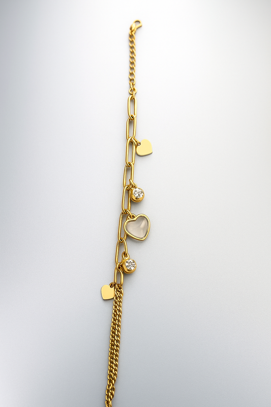 Gold Heart Charm Bracelet – Dual Chain Link Design with Crystal Accents LB10071