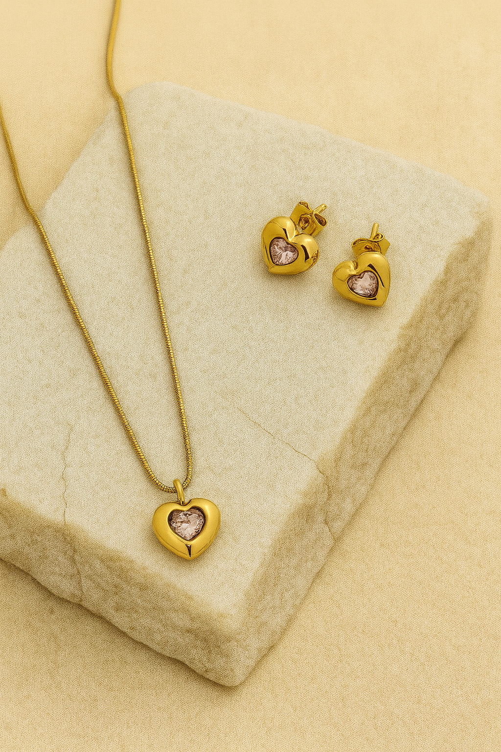 Gold Pink Heart Jewelry Set – Necklace and Stud Earrings. LN10197
