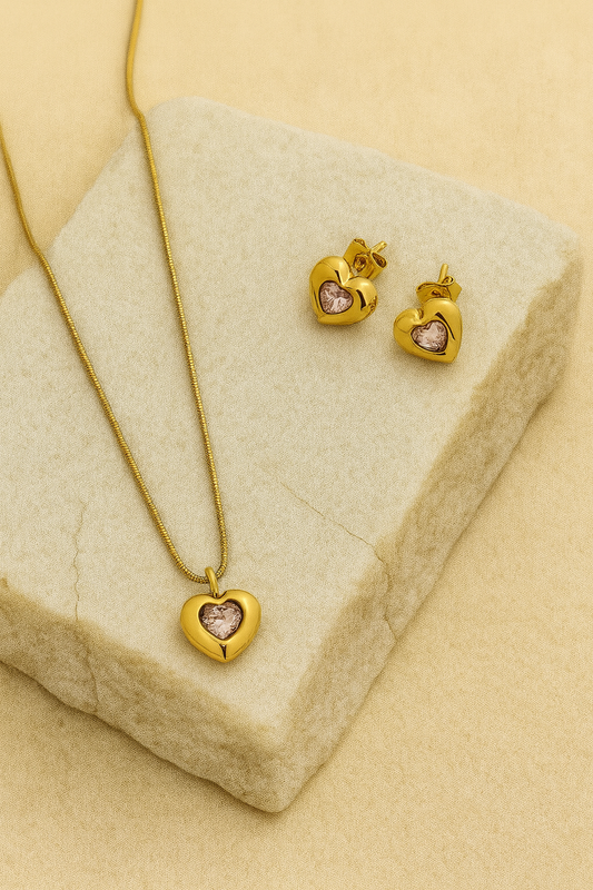 Gold Pink Heart Jewelry Set – Necklace and Stud Earrings. LN10197