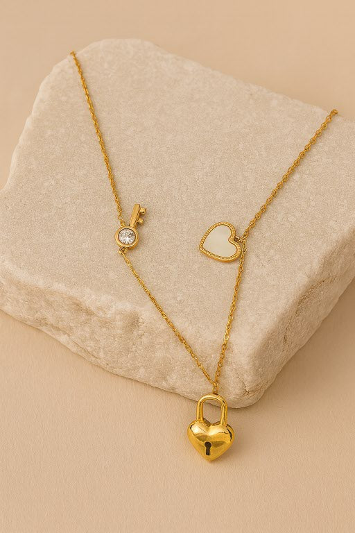 Gold Heart Lock and Key Necklace – Symbolic Love Pendant Jewelry LN10150