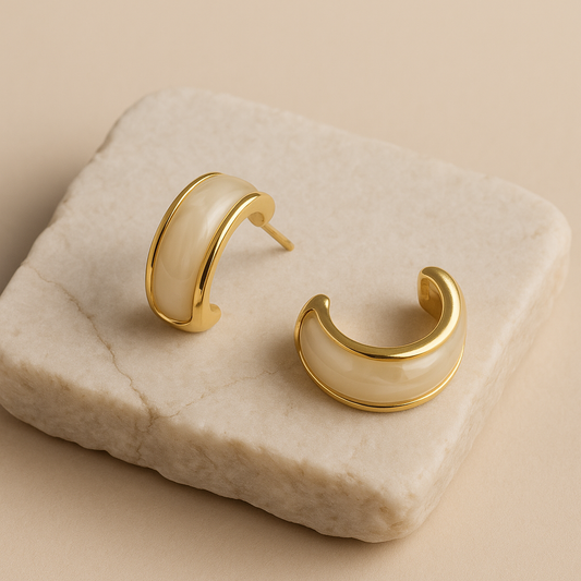 Gold Ivory Enamel Chunky Huggie Earrings LE10217