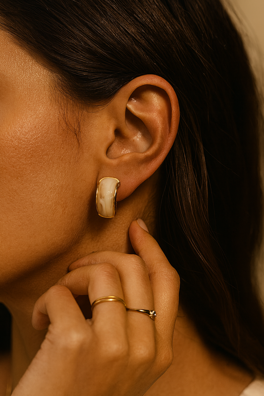 Gold Ivory Enamel Chunky Huggie Earrings LE10217