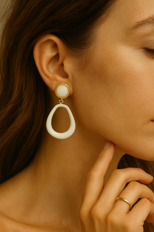 Gold Ivory Enamel Drop Earrings LE10214