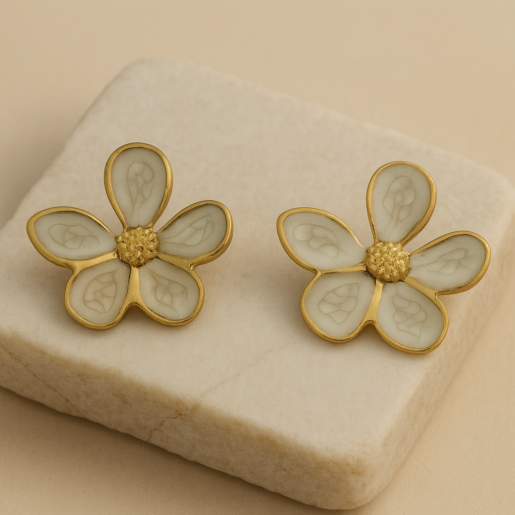 Gold Ivory Enamel Flower Stud Earrings LE10220