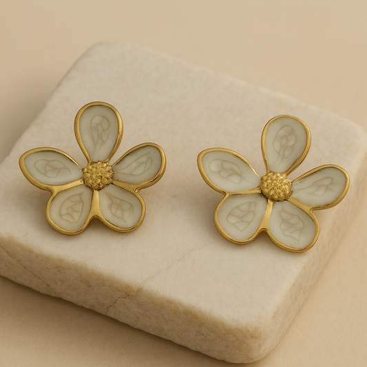 Gold Ivory Enamel Flower Stud Earrings LE10220