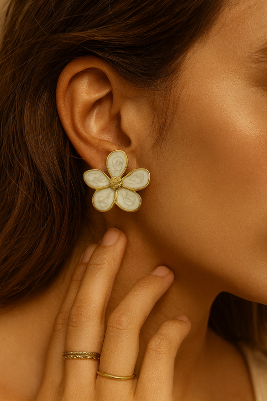 Gold Ivory Enamel Flower Stud Earrings LE10220