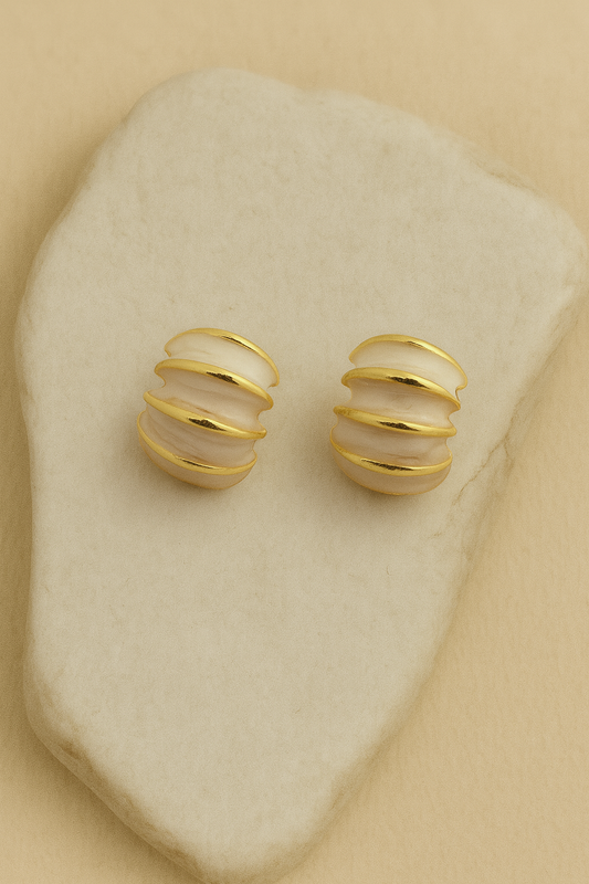 Gold Ivory Enamel Ribbed Dome Stud Earrings LE10233
