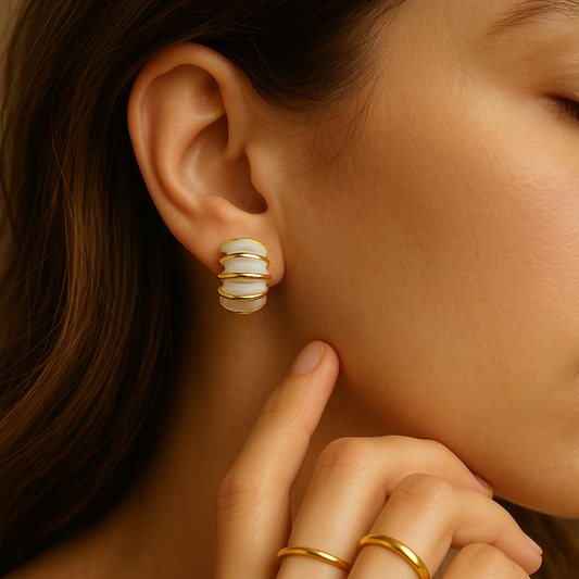 Gold Ivory Enamel Ribbed Dome Stud Earrings LE10233