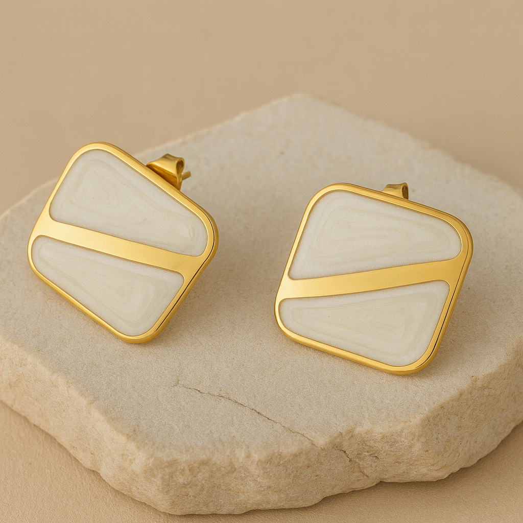 Gold Ivory Enamel Square Stud Earrings LE10229