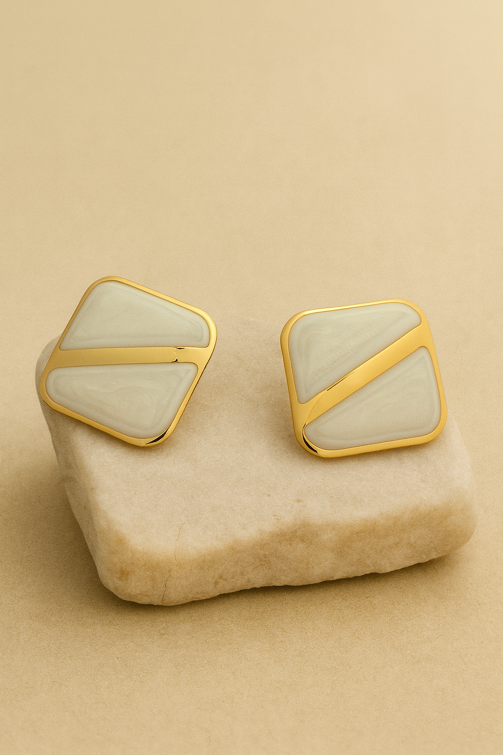 Gold Ivory Enamel Square Stud Earrings LE10229