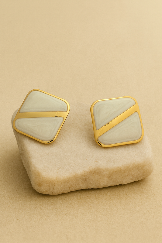Gold Ivory Enamel Square Stud Earrings LE10229