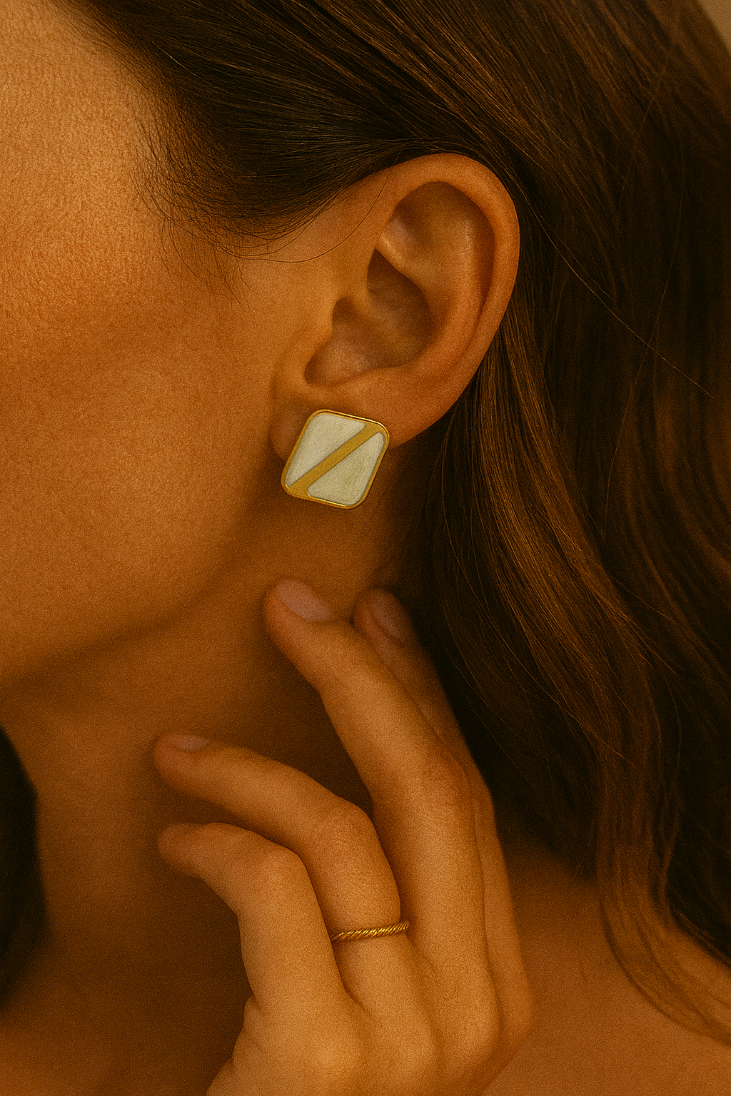 Gold Ivory Enamel Square Stud Earrings LE10229