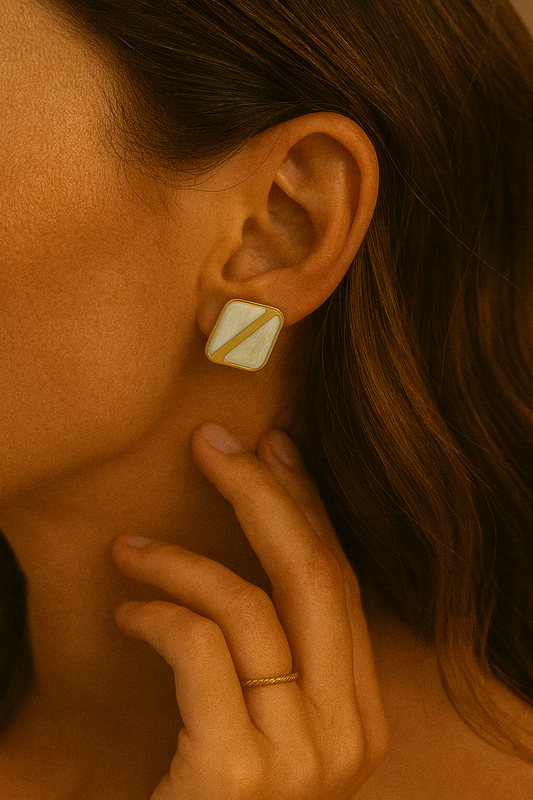 Gold Ivory Enamel Square Stud Earrings LE10229