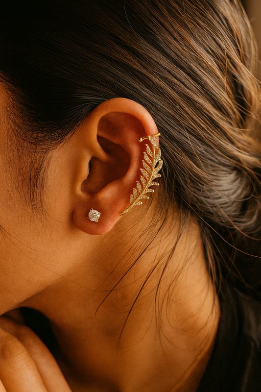 Gold Leaf Ear Cuff and Stud Set – Nature Inspired Minimal LE10190