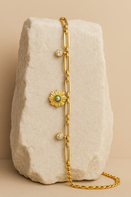 Gold Link Bracelet – Green Stone Floral Charm with Diamond Accents