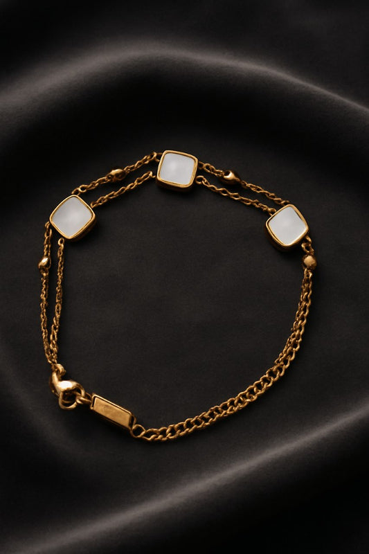 Gold Mother of Pearl Bracelet – Double Chain Minimalist Jewelry LB10080