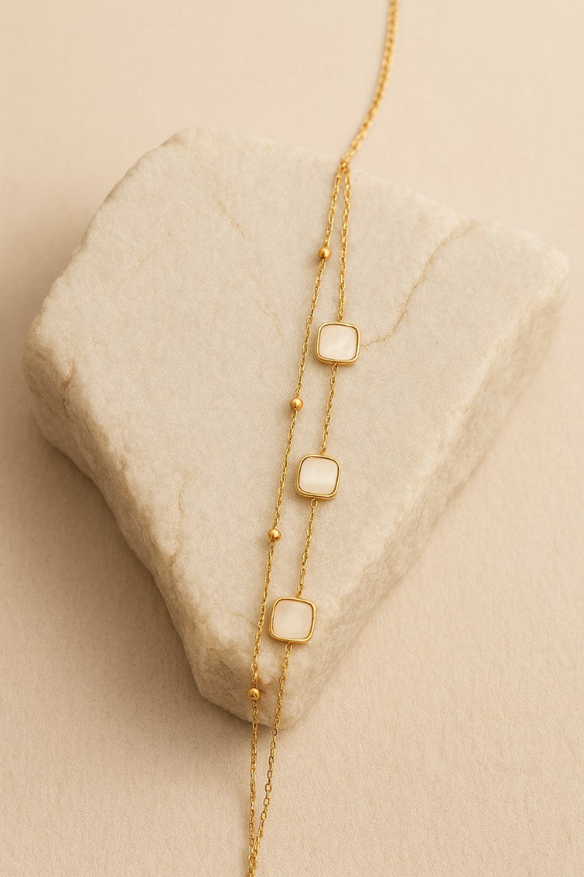 Gold Mother of Pearl Bracelet – Double Chain Minimalist Jewelry LB10080