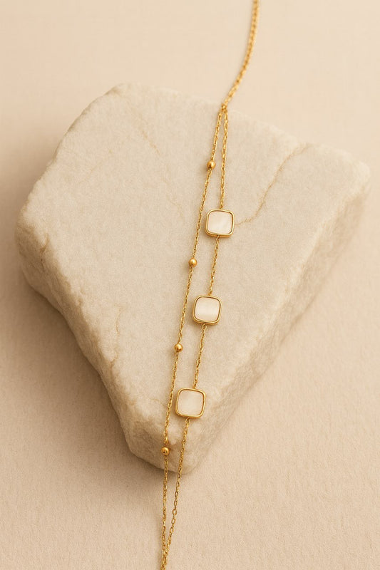 Gold Mother of Pearl Bracelet – Double Chain Minimalist Jewelry LB10080