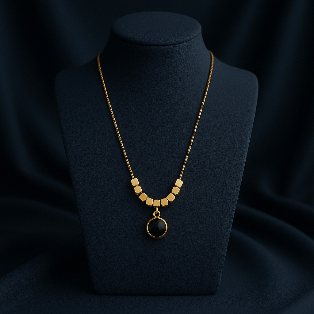 Gold Onyx Round Pendant Cube Bead Chain Necklace LN10203