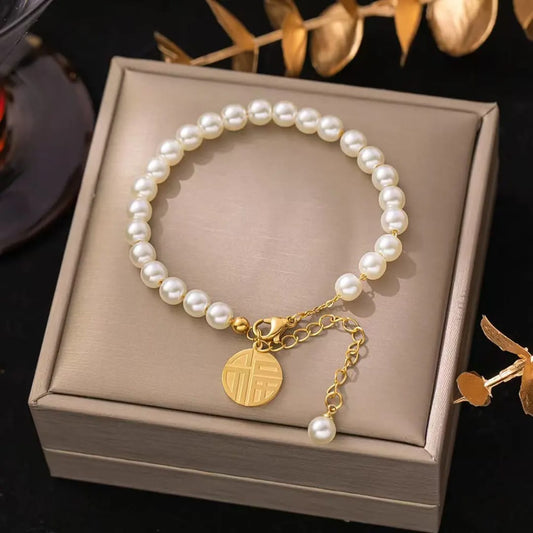 Gold Pearl Beaded Bracelet with Coin Charm – Elegant Adjustable LB10104
