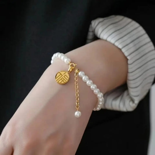 Gold Pearl Beaded Bracelet with Coin Charm – Elegant Adjustable LB10104