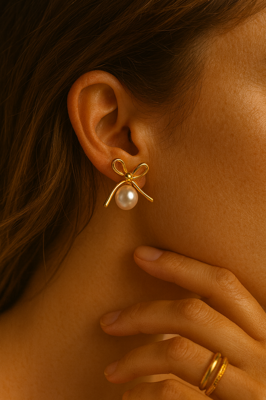 Gold Pearl Bow Stud Earrings LE10172