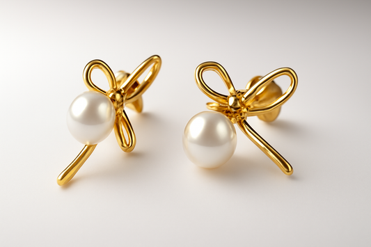Gold Pearl Bow Stud Earrings LE10172