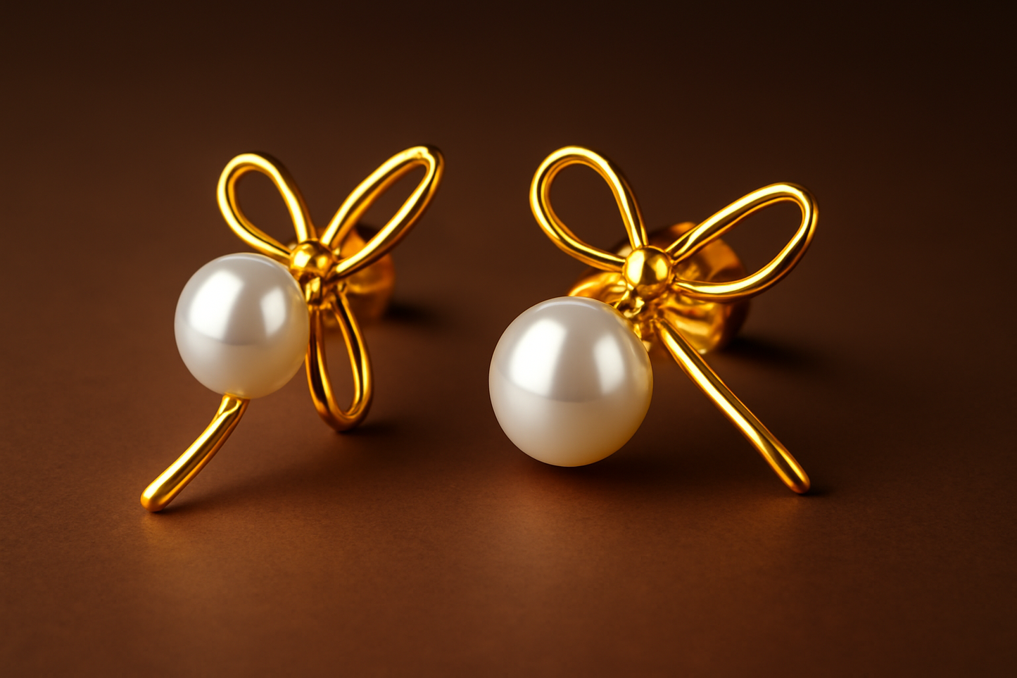 Gold Pearl Bow Stud Earrings LE10172