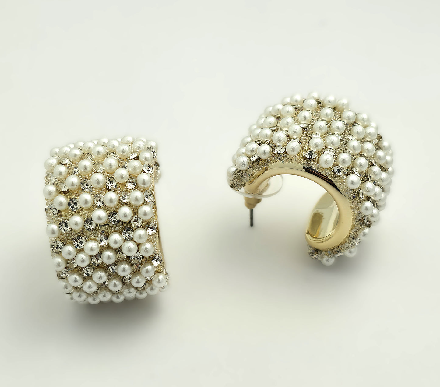 Gold Pearl Crystal Pavé Chunky Huggie Earrings LE10240