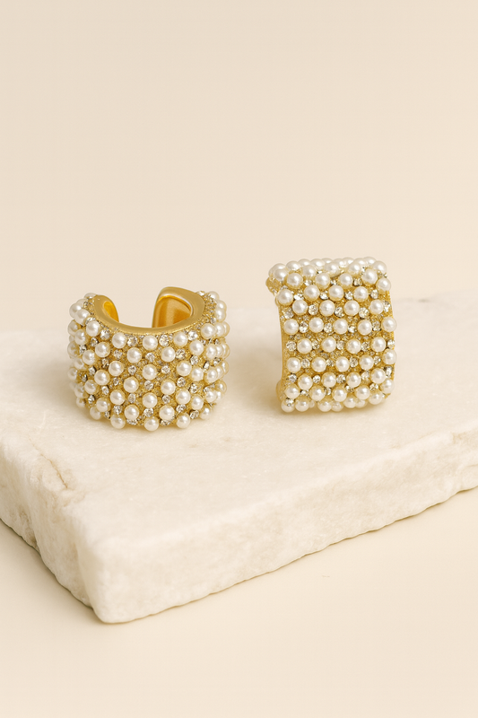 Gold Pearl Crystal Pavé Chunky Huggie Earrings LE10240