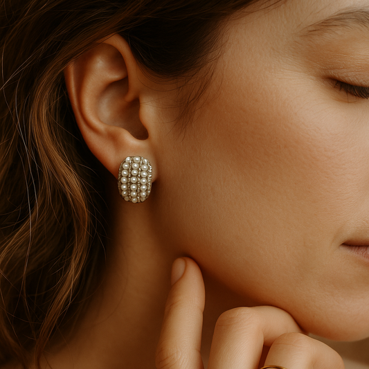 Gold Pearl Crystal Pavé Oval Stud Earrings LE10219