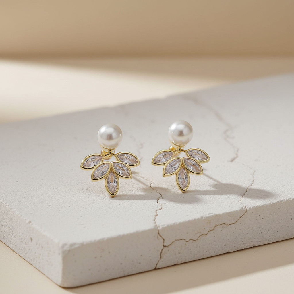 Gold Pearl Floral Drop Earrings – Elegant Crystal Leaf Design LE10326