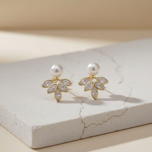 Gold Pearl Floral Drop Earrings – Elegant Crystal Leaf Design LE10326