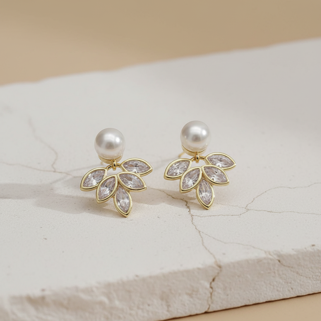 Gold Pearl Floral Drop Earrings – Elegant Crystal Leaf Design LE10326