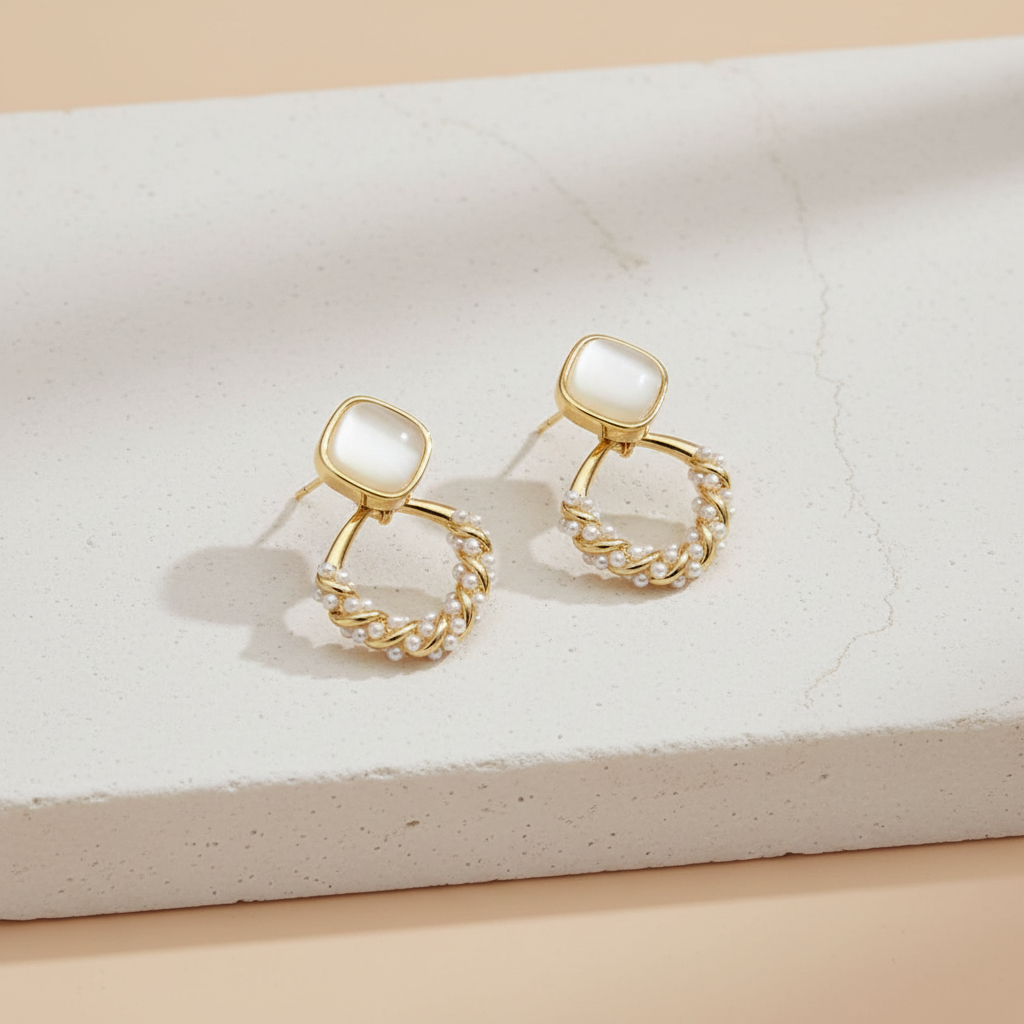 Gold Pearl Loop Earrings with Mother of Pearl Studs – Elegant Minimal Jewelry LE10324