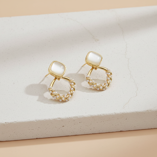 Gold Pearl Loop Earrings with Mother of Pearl Studs – Elegant Minimal Jewelry LE10324