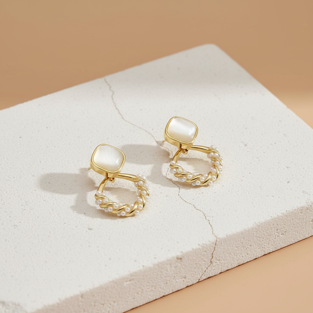 Gold Pearl Loop Earrings with Mother of Pearl Studs – Elegant Minimal Jewelry LE10324